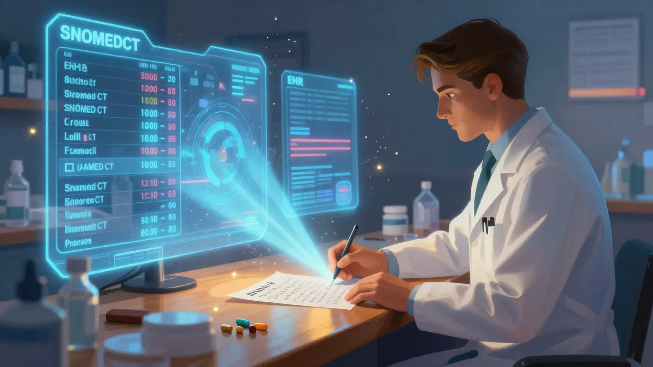A pharmacist reviews digital health records and medication lists under soft, luminous light.