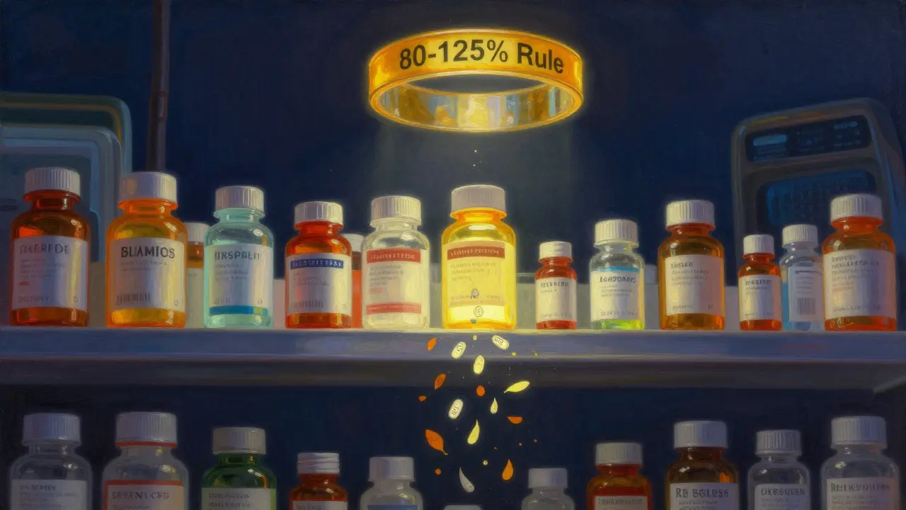 A pharmacy shelf with flickering generic bottles beneath a golden bioequivalence threshold, surrounded by drifting batch numbers.