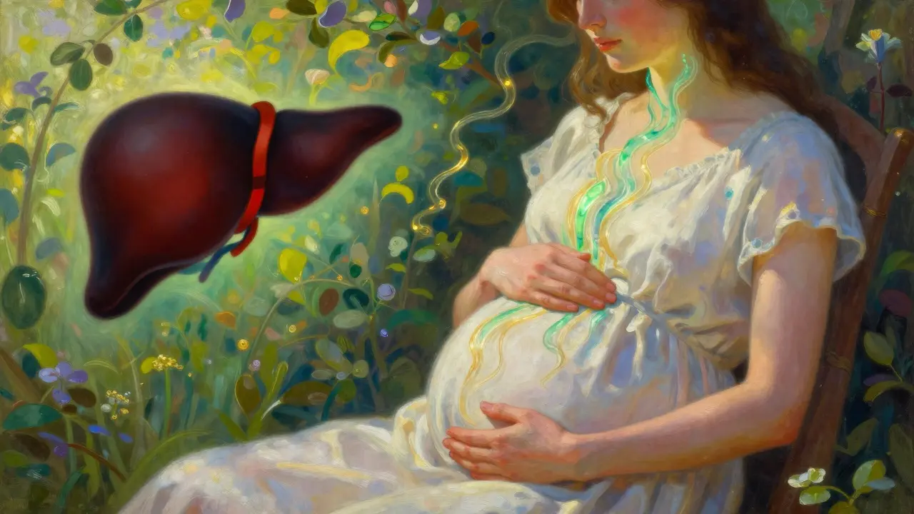 A pregnant woman in a sunlit garden with energy streams from her thyroid to her womb, and a shadowed liver warning.