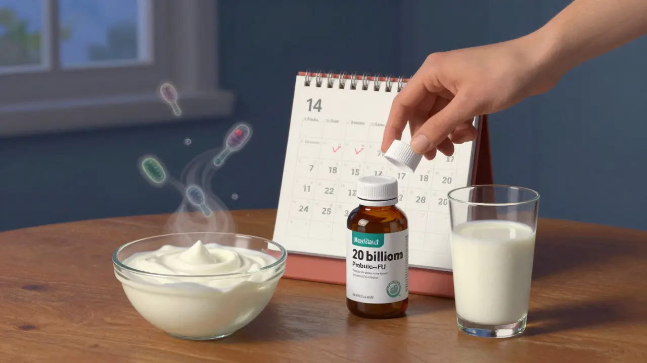 A probiotic bottle and calendar with 14 checkmarks sit beside fermented foods under soft evening light.