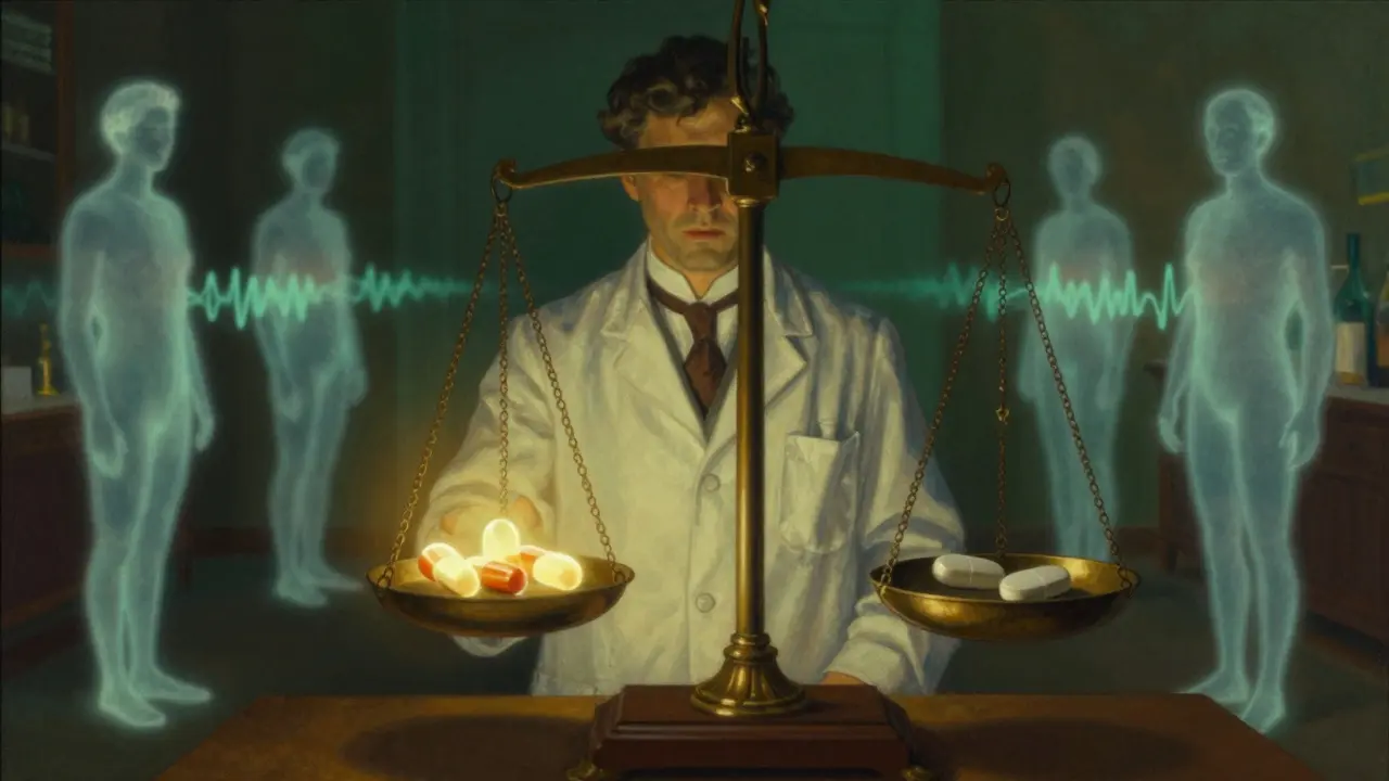 A scientist weighing brand and generic tablets under luminous light, with patient silhouettes pulsing with drug levels.