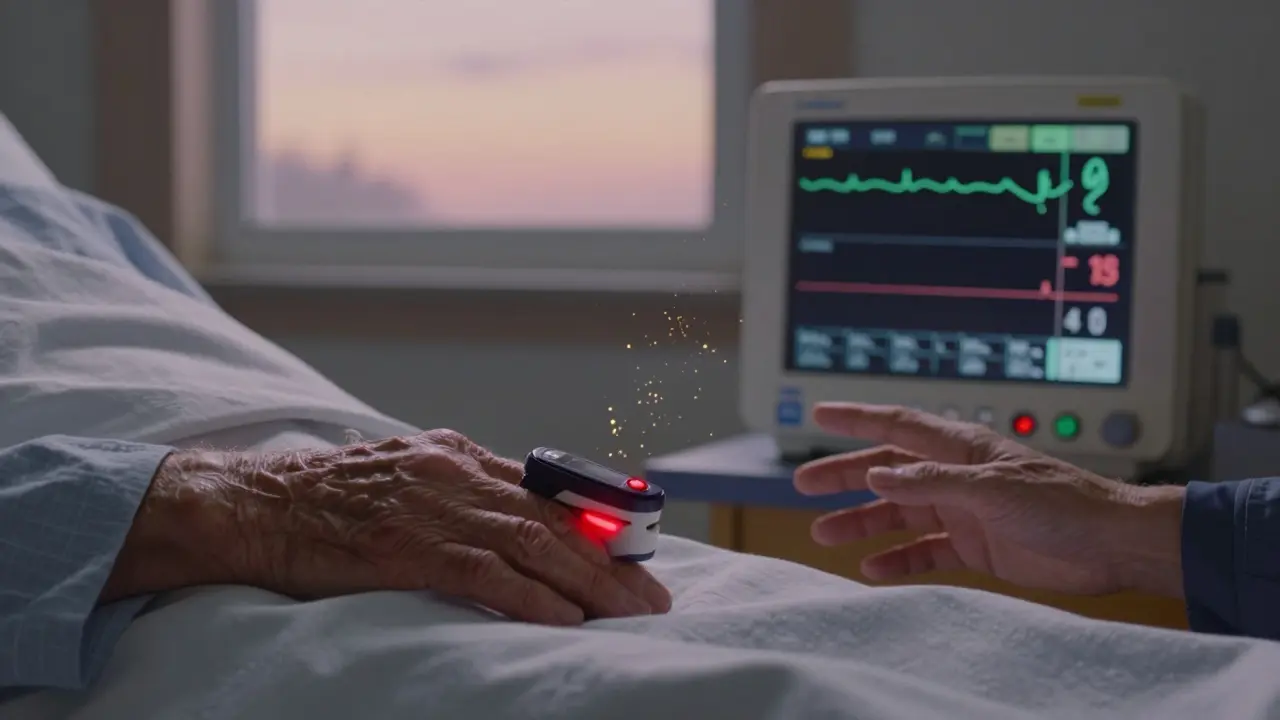 A senior's hand with a pulse oximeter beside a flat capnography waveform, golden light filtering through a window as a family member reaches in alarm.