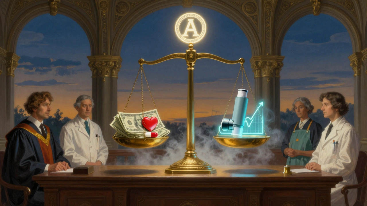 A symbolic scale balancing A and B-rated drug codes with financial and medical symbols under an ethereal sky.