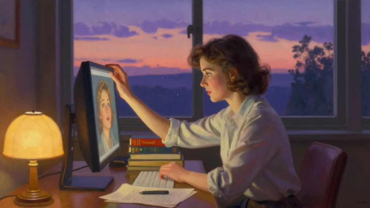 A woman adjusting her monitor with books, warm lamp light glowing, twilight sky visible through a window.