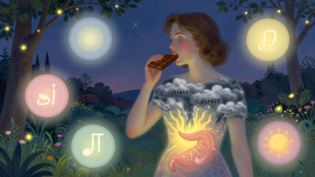 A woman biting chocolate with inner emotions transforming into light, five sensory orbs glowing around her.