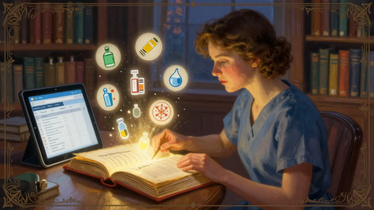 A woman consults a glowing book about drug shortages, with floating medical alternatives around her.