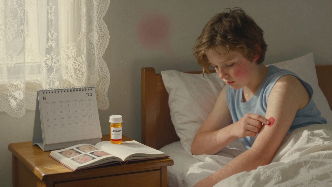 A young person examining a skin rash at dawn, with prescription bottles and a calendar showing slow dose increases.