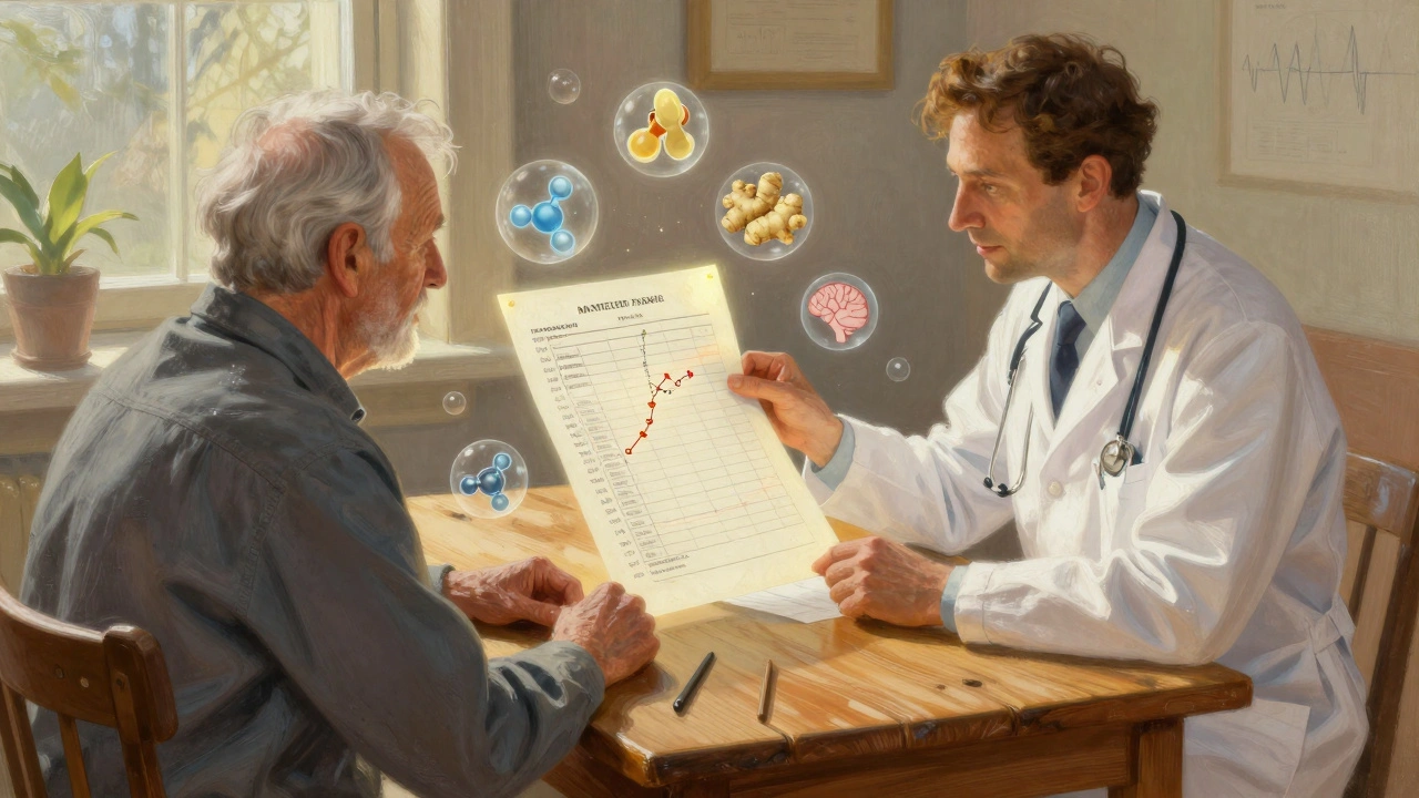 An elderly patient and doctor reviewing a glowing chart of drug half-lives at a sunlit table, with floating medical icons.