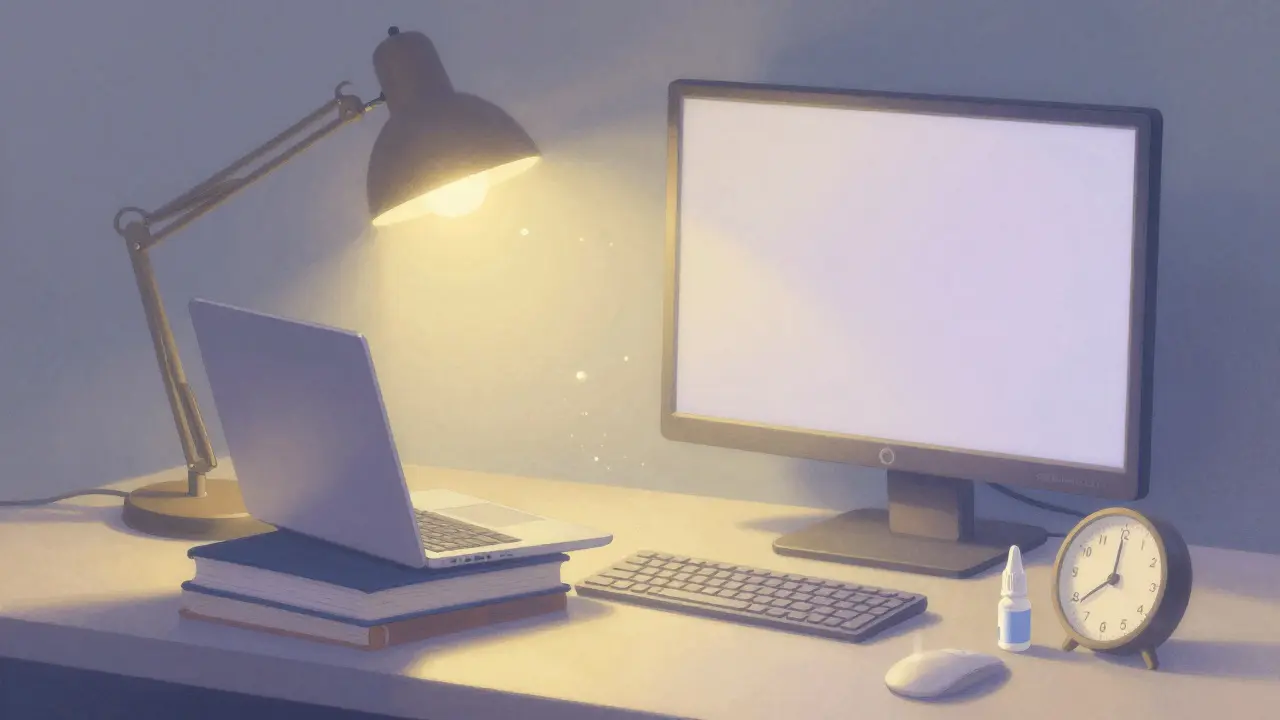 An ergonomic workstation with a lamp, elevated monitor, and eye drops, glowing with soft light and no screen glare.