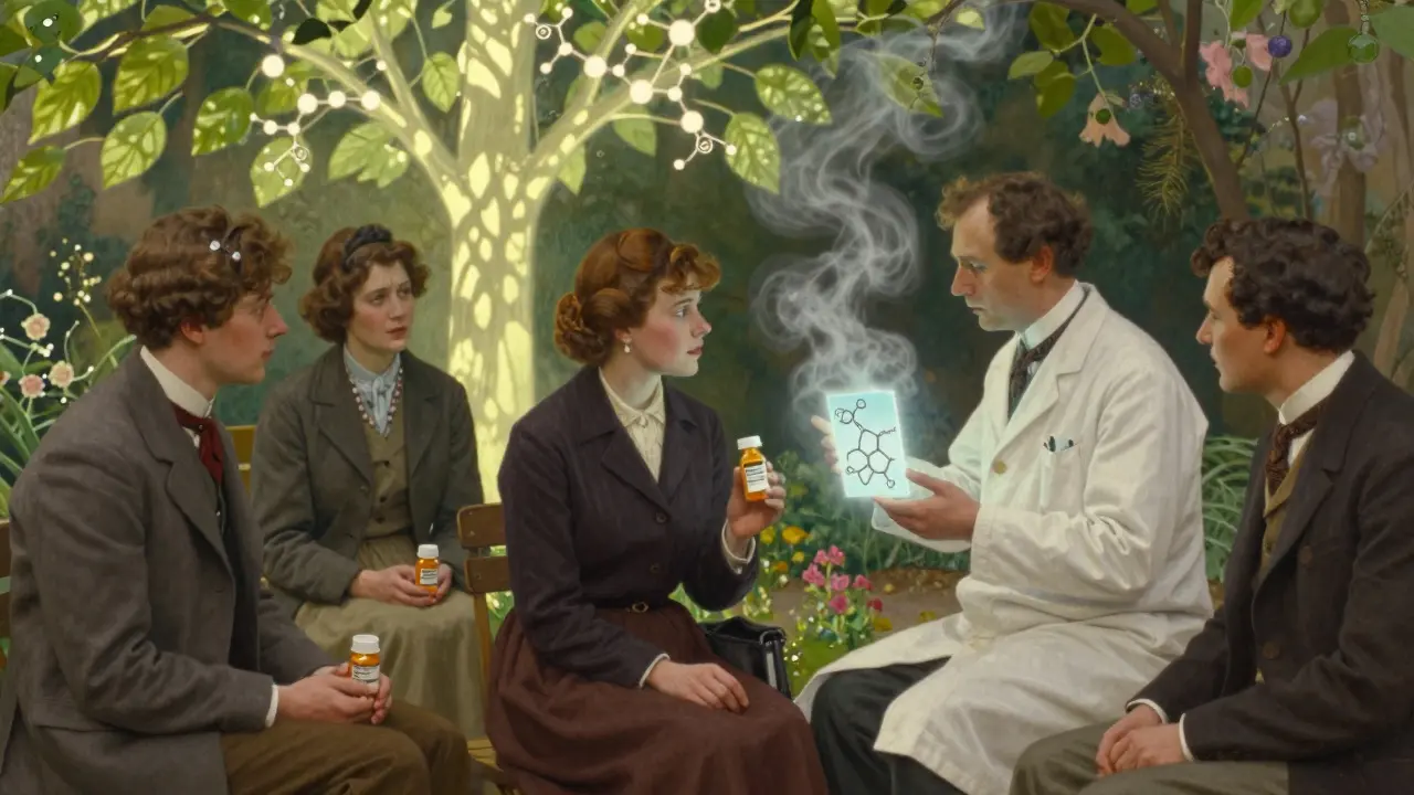 Diverse patients in a garden, one worried, a pharmacist pointing to glowing molecular labels on pill bottles.