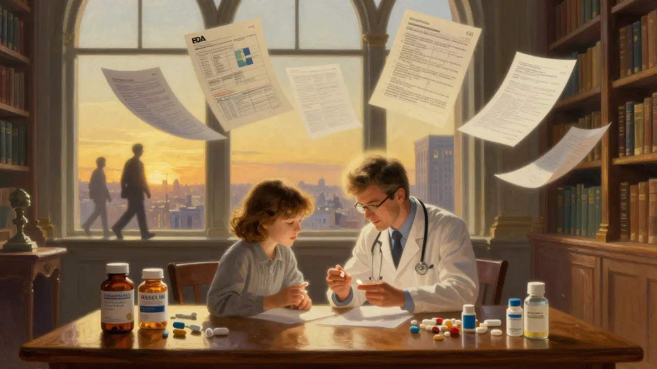 Doctor and patient examining pills under light, floating FDA documents and molecular charts in a classical library.