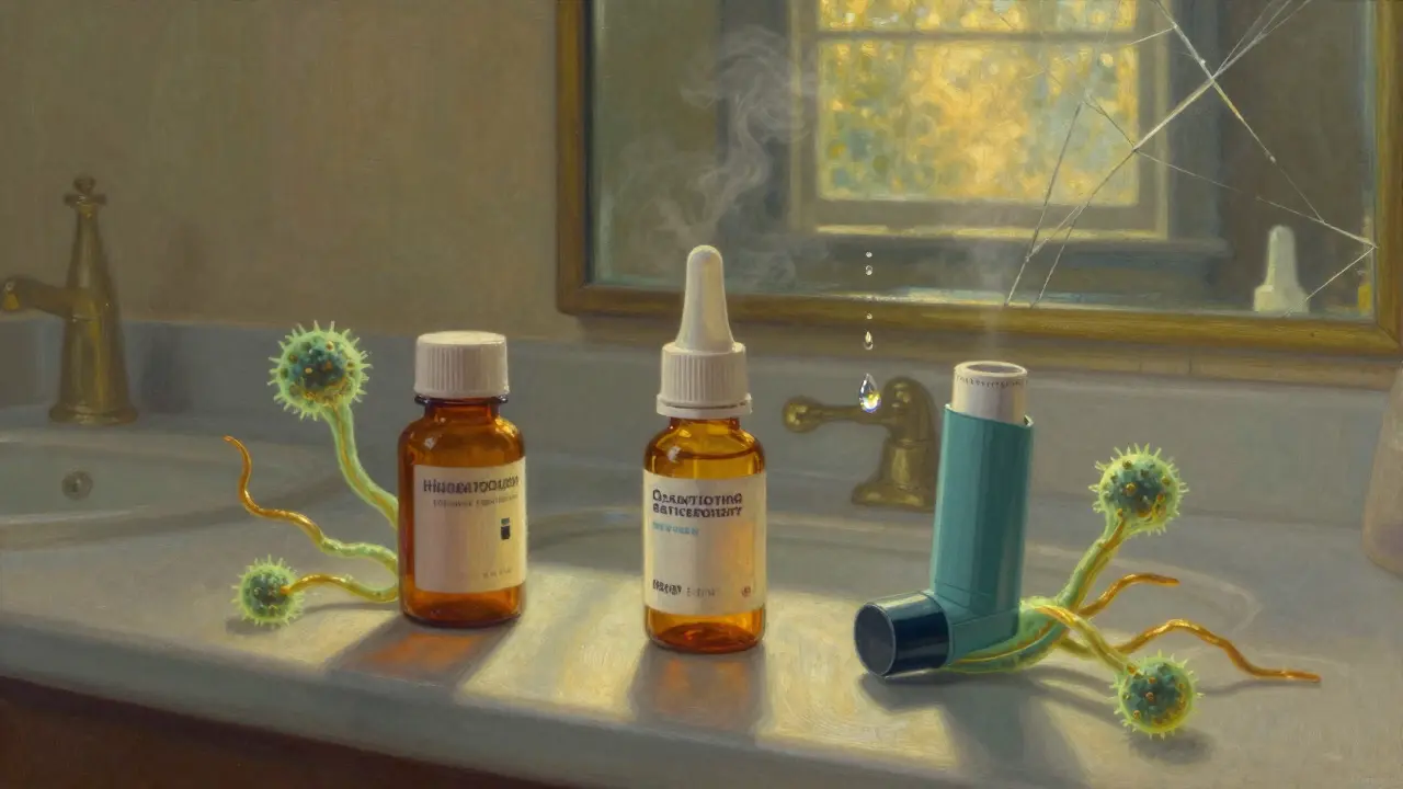 Expired eye drops, cream, and inhaler on a bathroom counter with glowing microbial tendrils and a hovering droplet.