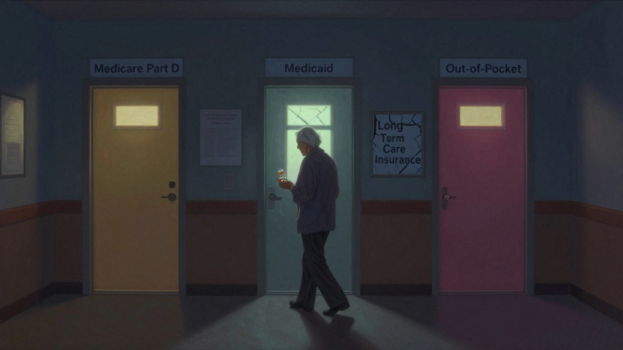 Nighttime hallway with glowing doors for drug payment sources, resident holding pills.