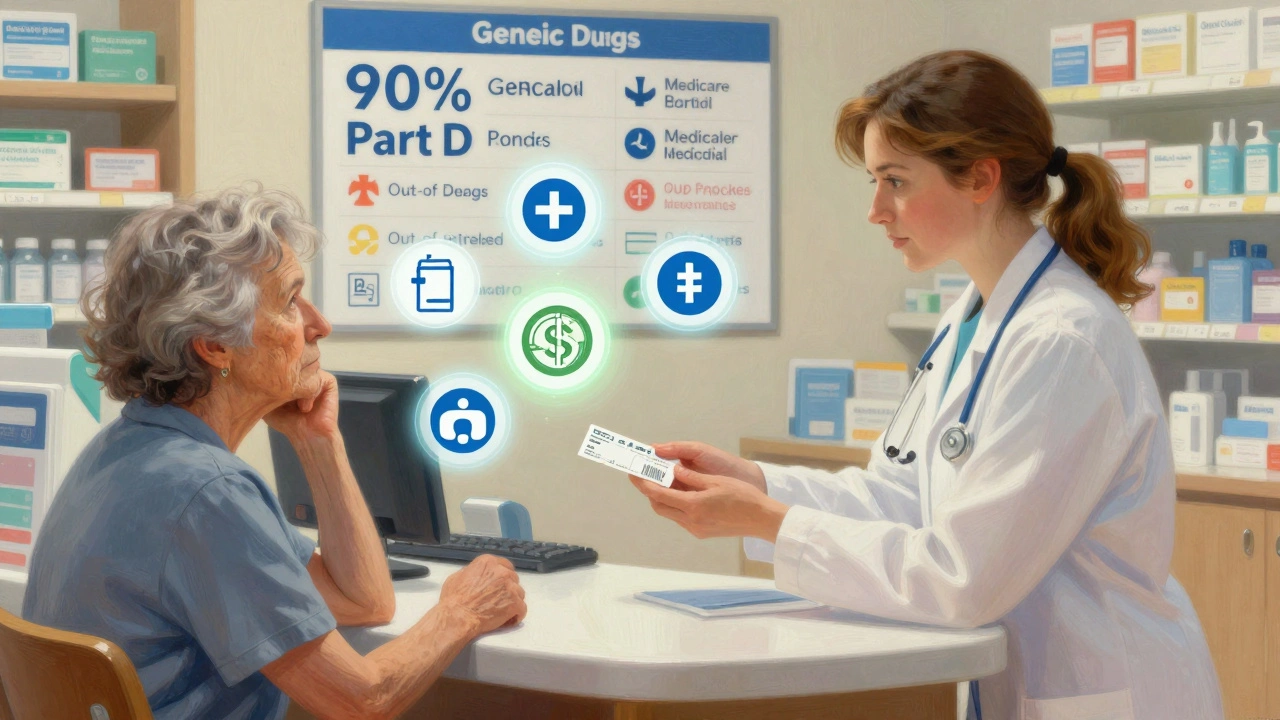 Nursing home pharmacy counter with floating insurance icons and generic drug chart.