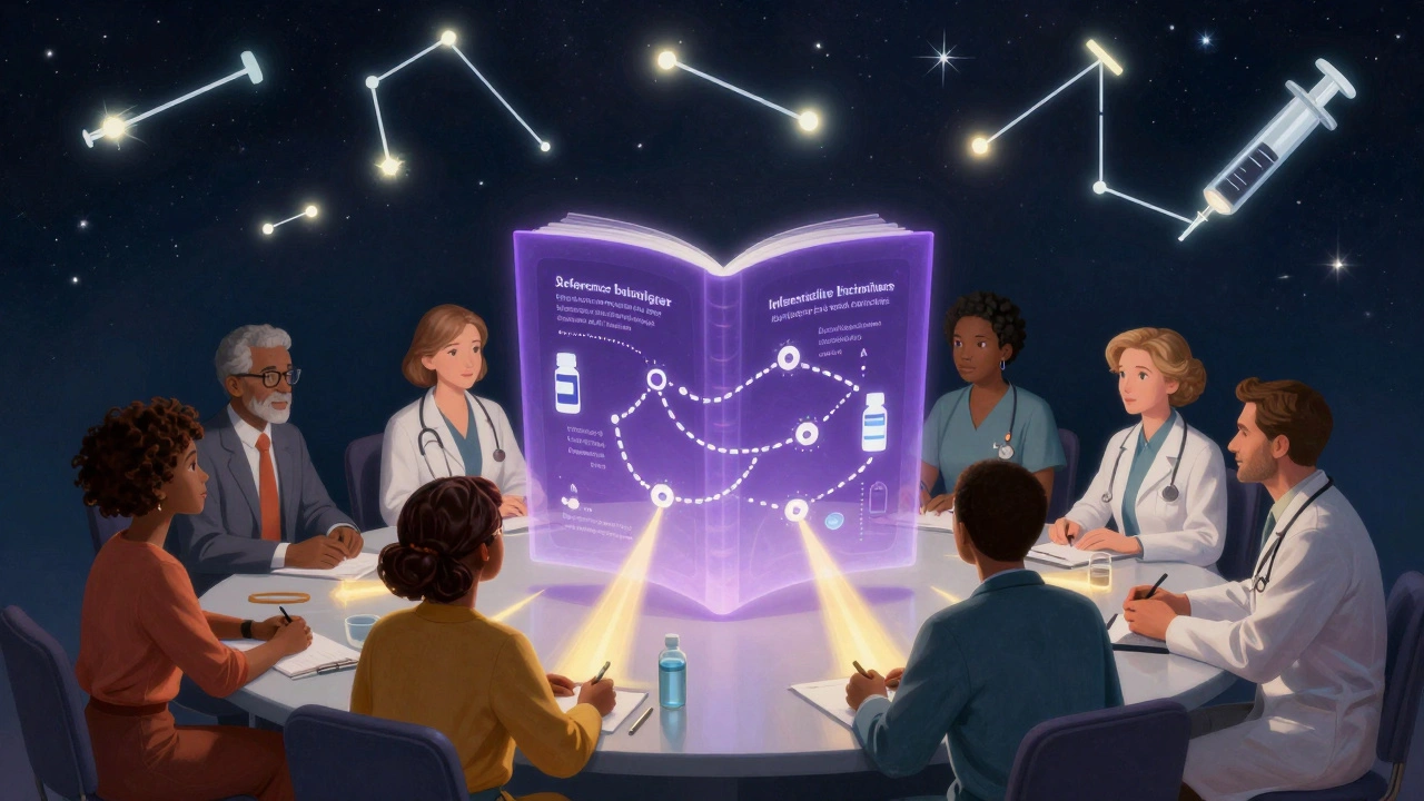 Patients and doctors gather around a floating purple book with glowing medical icons, symbolizing clarity in biosimilar substitution.