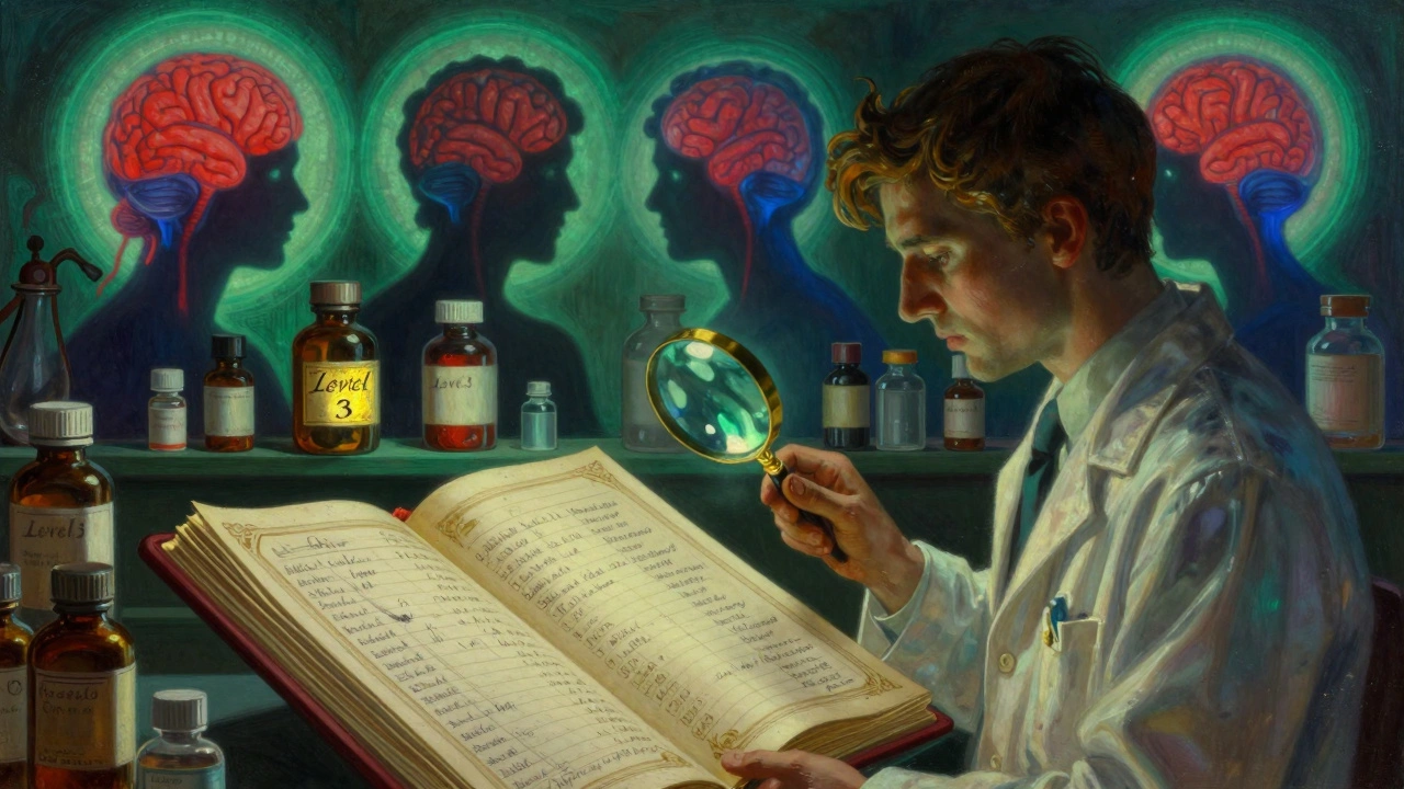 Pharmacist examining a ledger of medications, with glowing bottles casting shrinking brain shadows.
