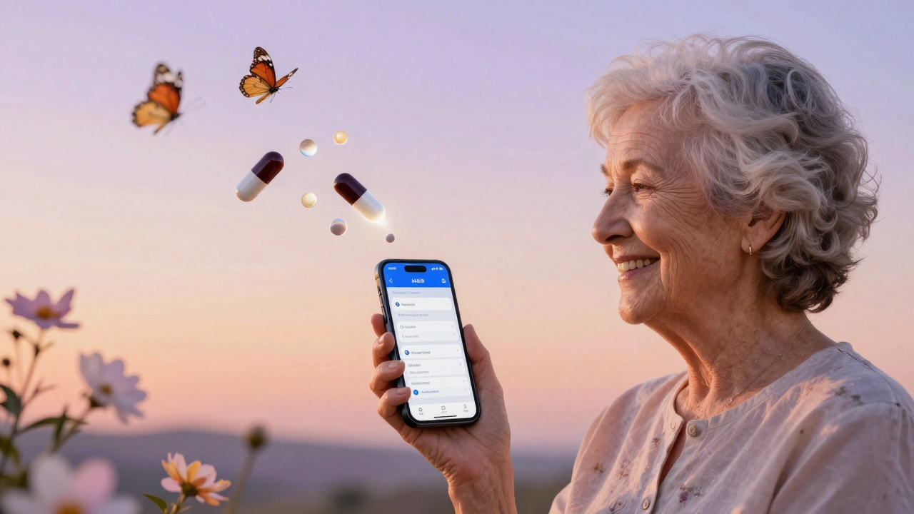 Senior woman using a phone app as harmful pills turn into butterflies and flowers.