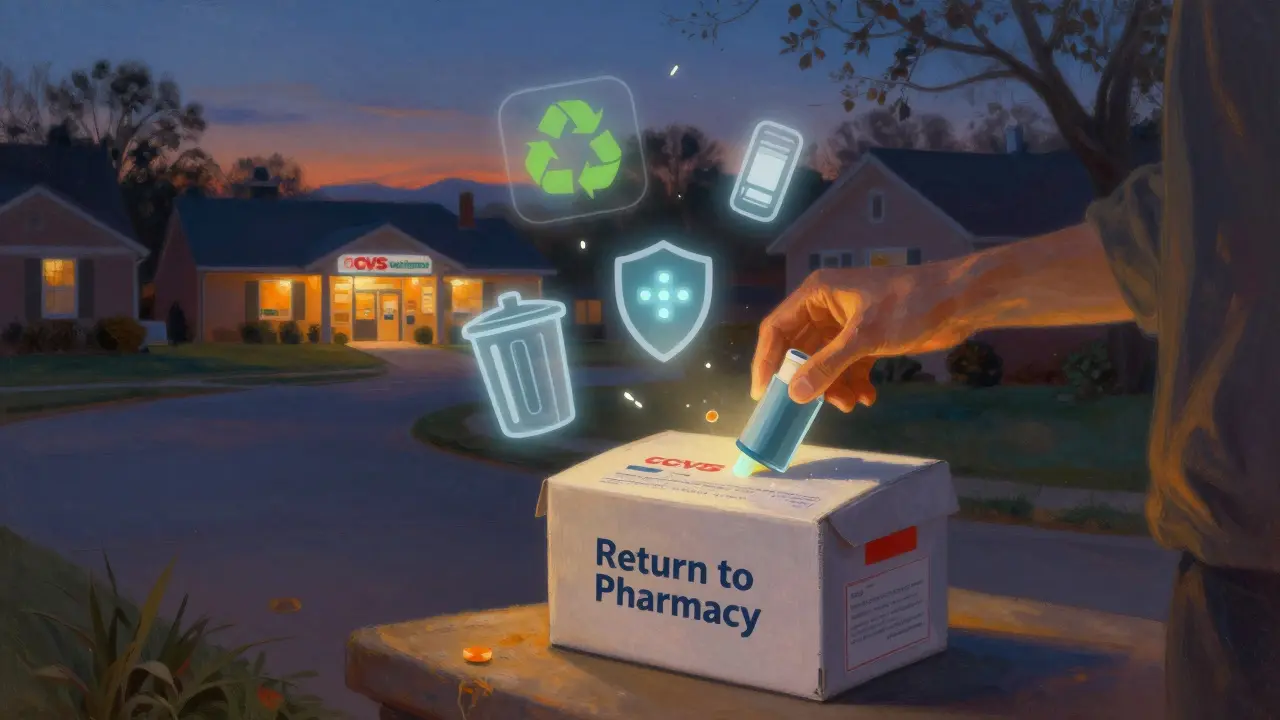 Someone disposing of expired meds in a prepaid mailer at twilight, surrounded by symbolic icons of safe disposal.