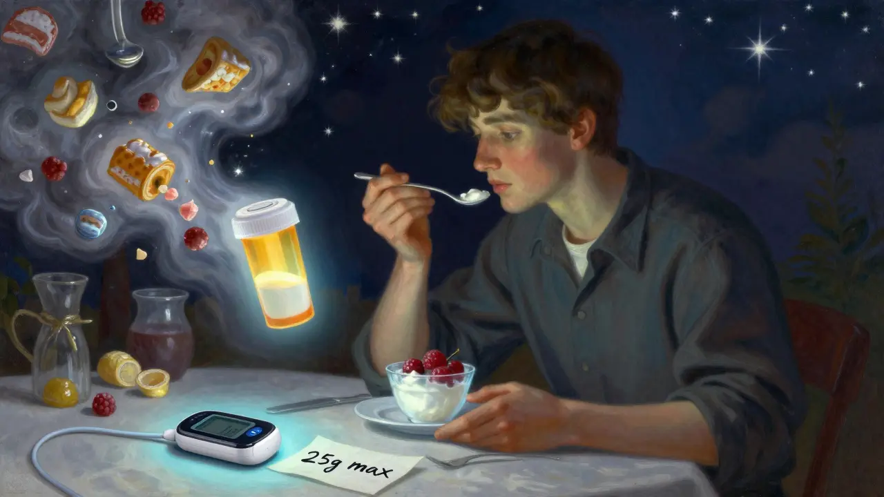 Someone eating healthy yogurt with glowing prescription and glucose monitor.