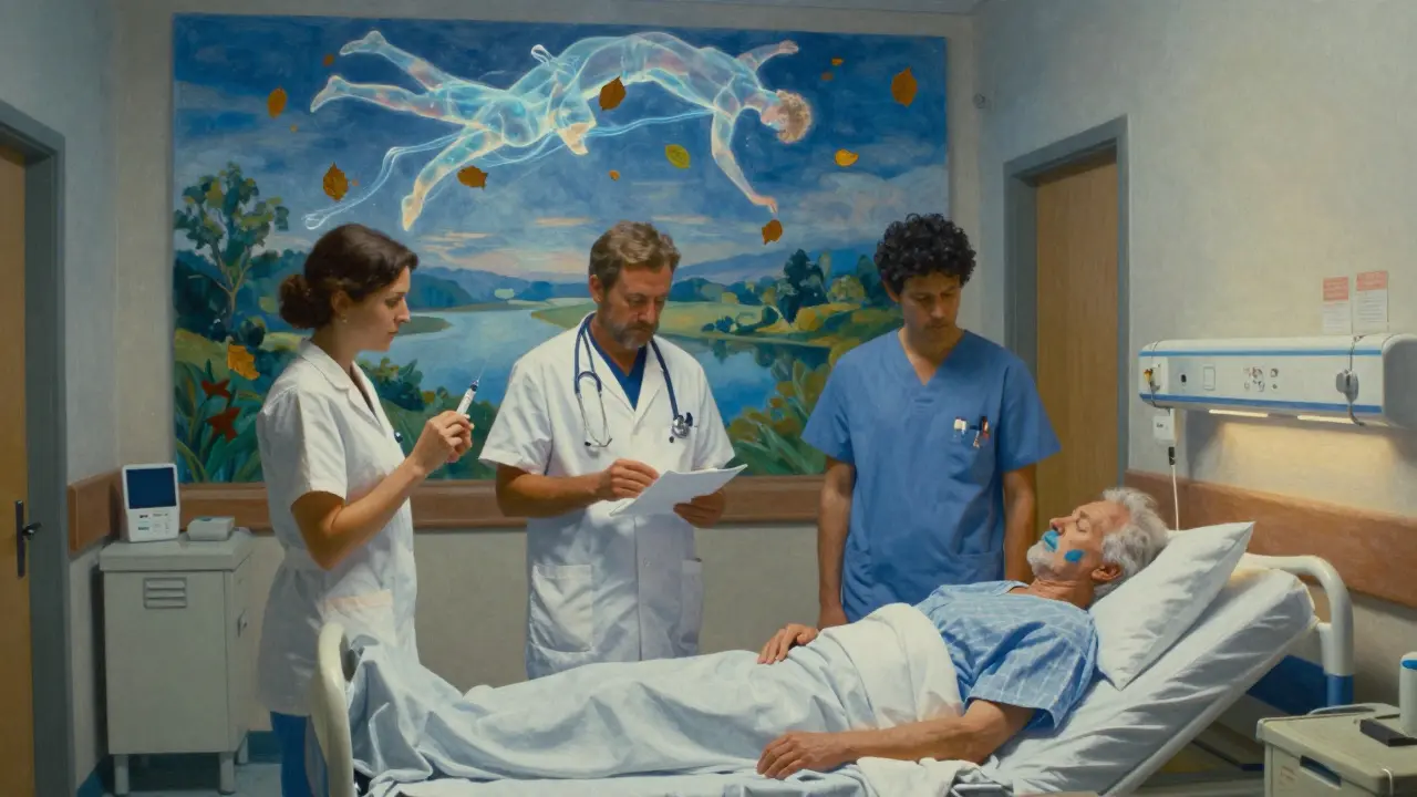 Three caregivers beside a motionless senior in a clinical hallway, with floating breath waves collapsing above them under celestial lighting.