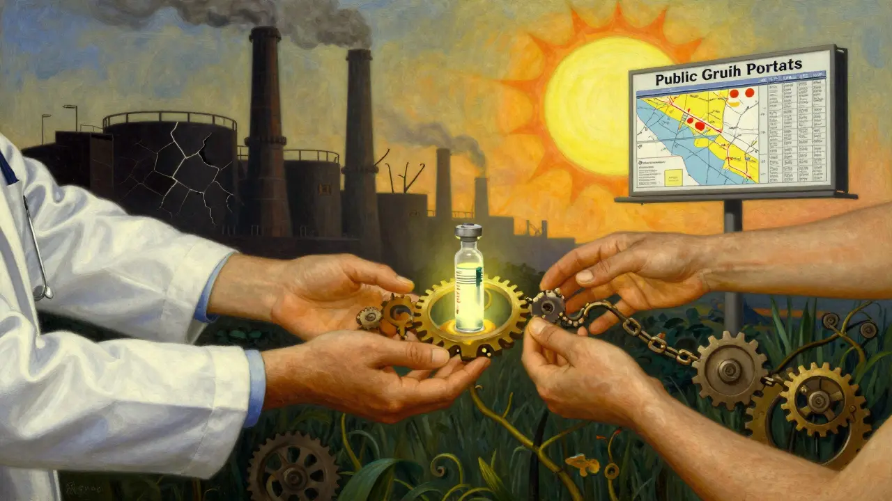 Three hands pass an insulin vial through gears and vines, symbolizing collaboration during a drug shortage.