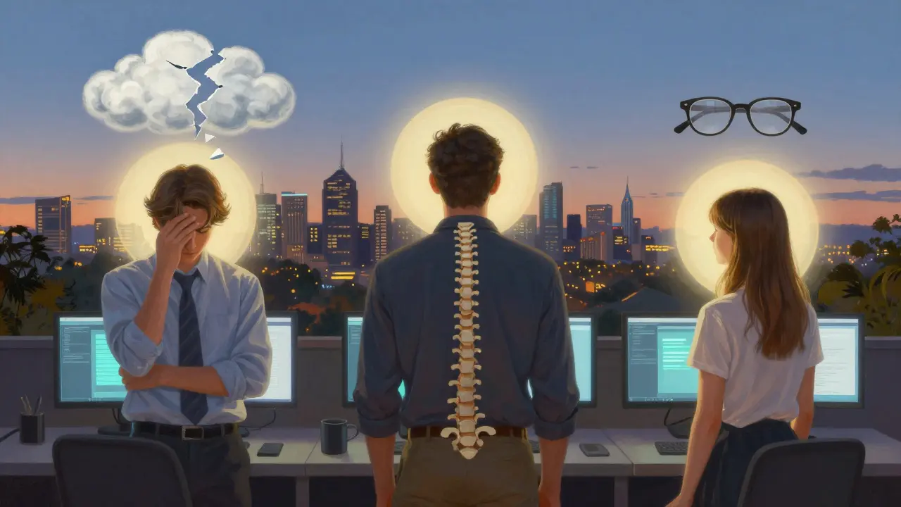 Three individuals illuminated by healing light, representing recovery from digital eye strain through posture, breaks, and proper eyewear.