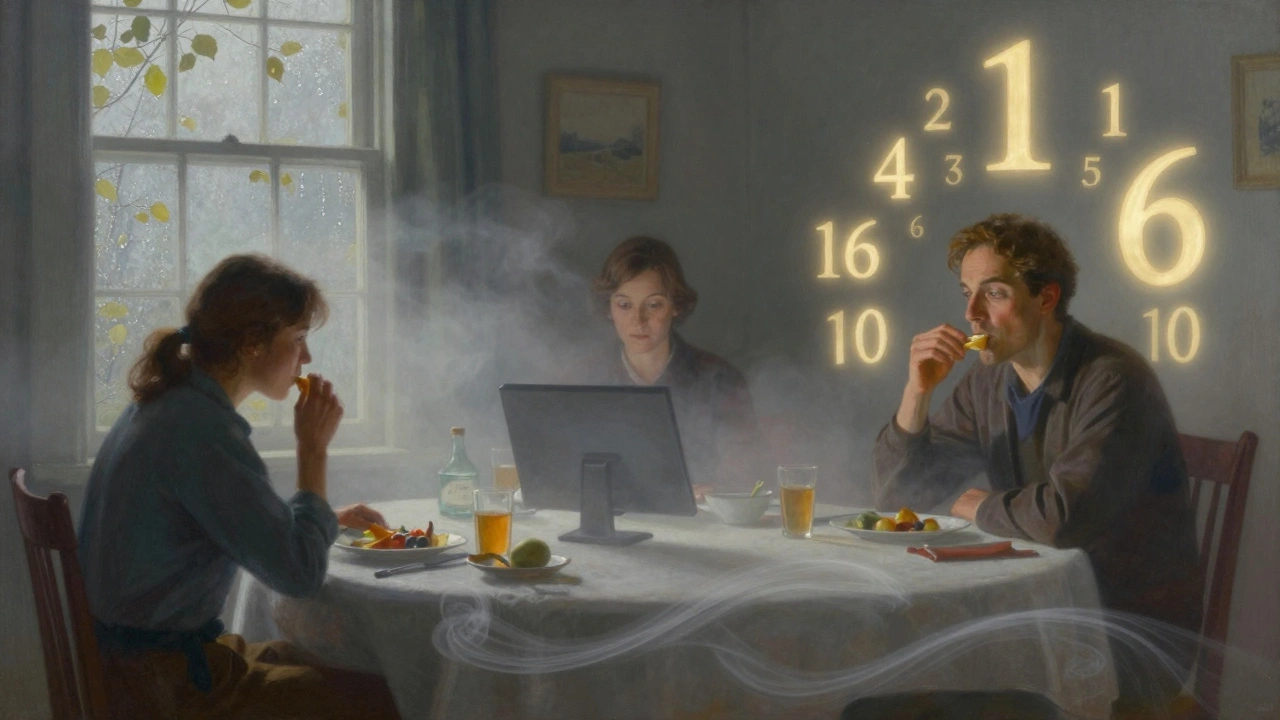 Three people eating at dawn; one mindful, others distracted, with glowing hunger scale numbers floating nearby.