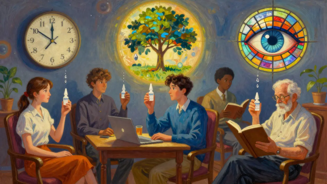 Three people using eye drops, floating symbols of the 20-20-20 rule glowing like stained-glass orbs in soft light.