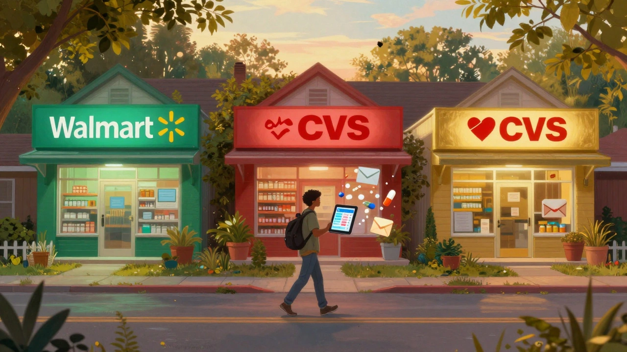Three pharmacies on a street at golden hour, each with a different colored aura representing drug prices, a person comparing them.