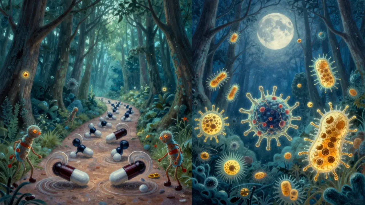 Two glowing paths in a forest show antibiotics destroying bacteria while yeast probiotics thrive untouched.