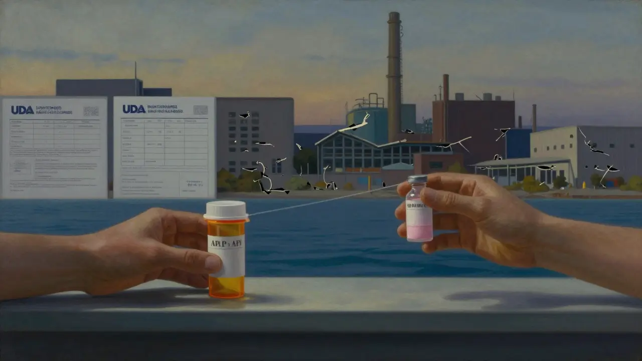 Two hands reaching across an ocean — one holding an empty bottle, the other a vial of raw medicine — connected by a fragile light.