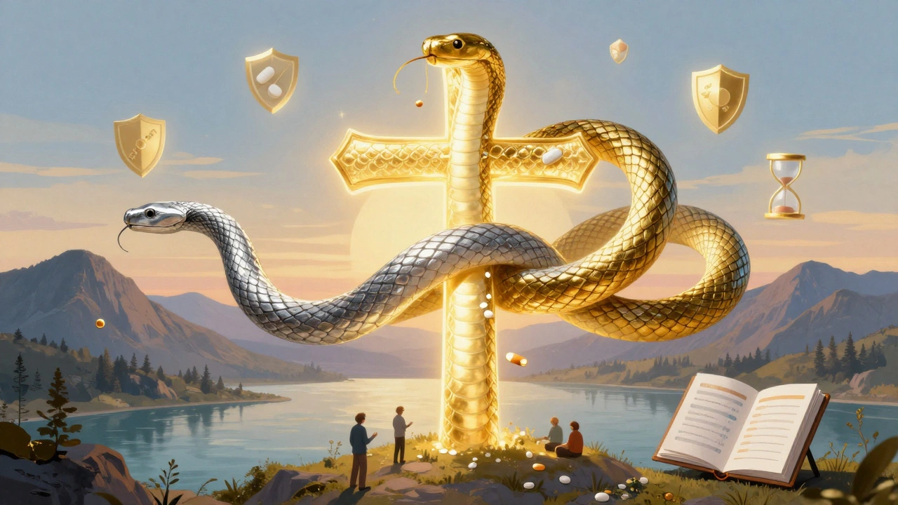 Two intertwined serpents merging into one radiant form, symbolizing cross-tapering, with tiny figures tracking symptoms below.