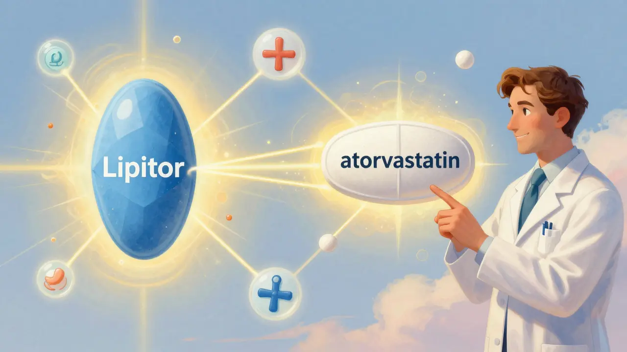 Two pills—brand and generic—connected by golden energy, symbolizing identical active ingredients.