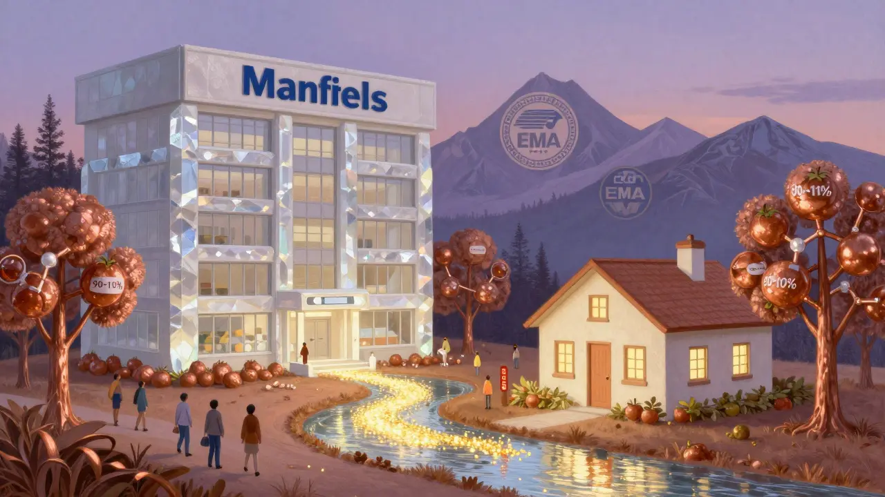 A brand-name building and generic cottage connected by a golden river of drug particles, under a twilight sky with molecular trees.