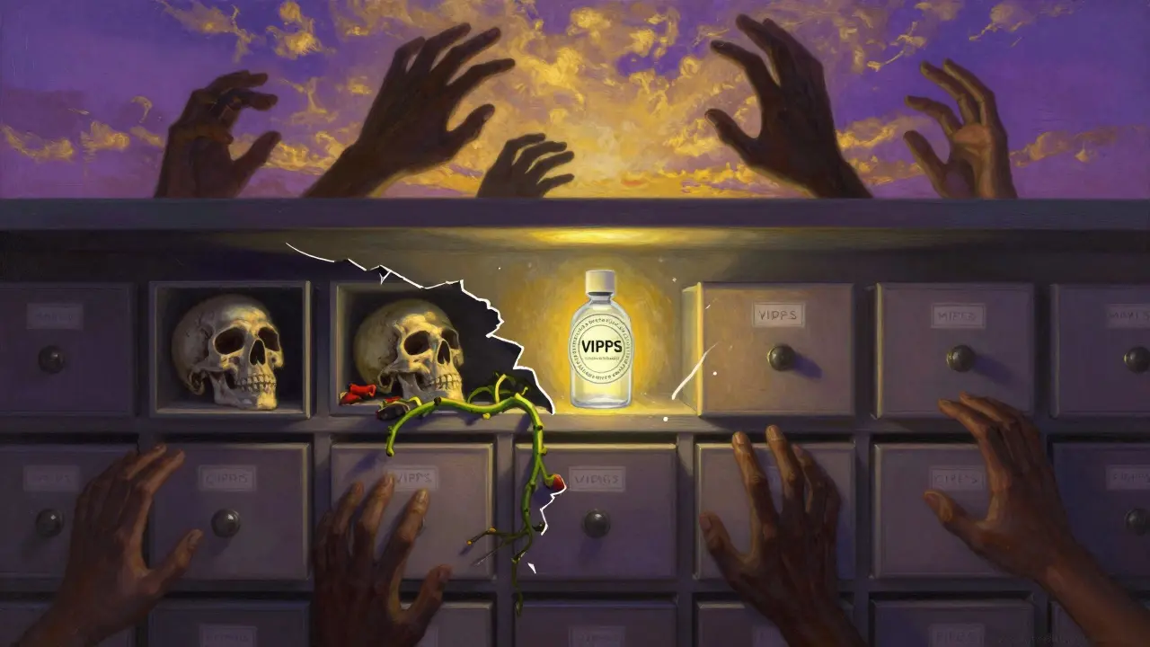 A broken pharmacy shelf with deadly counterfeit drugs, a single verified seal glowing at its center.