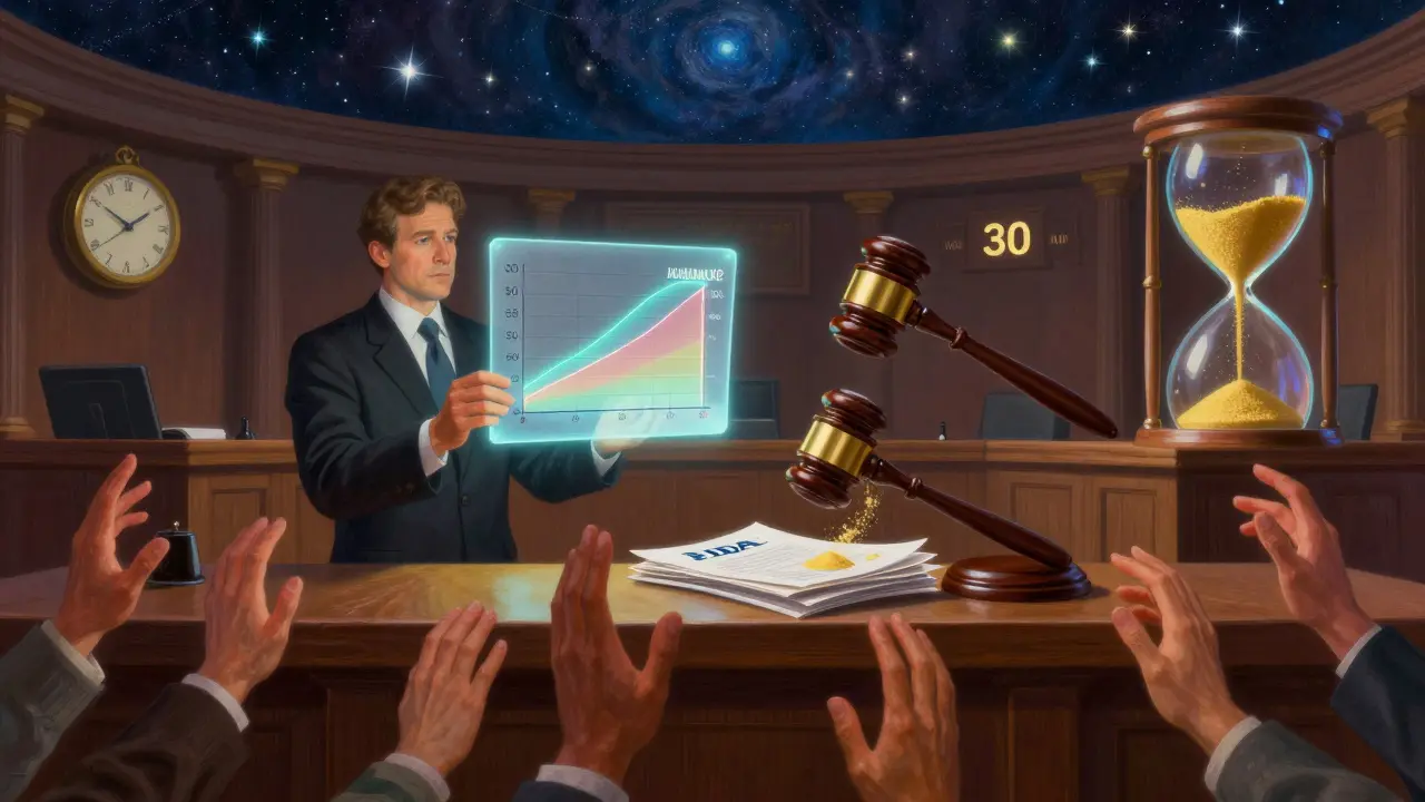 A courtroom scene with a glowing bioequivalence graph and a ticking 30-month clock, patients reaching upward in luminous light.