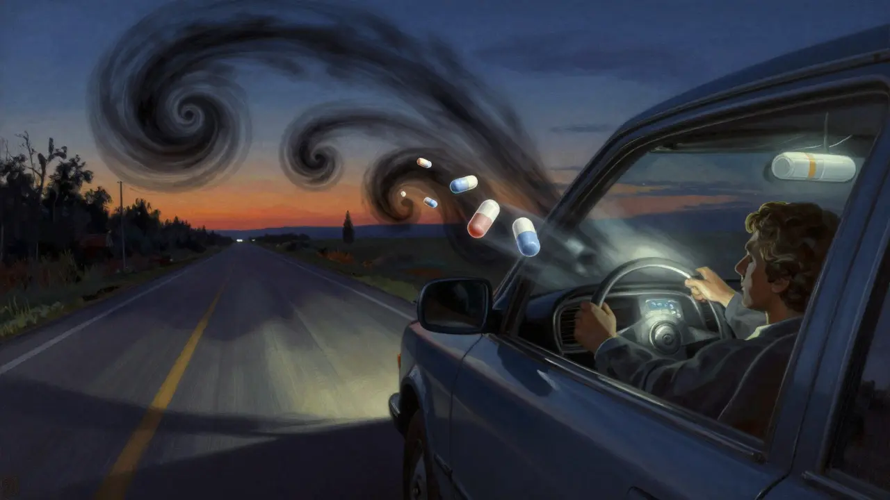 A drowsy driver surrounded by dark spirals of sedating pills, with a glowing safe alternative above the dashboard.