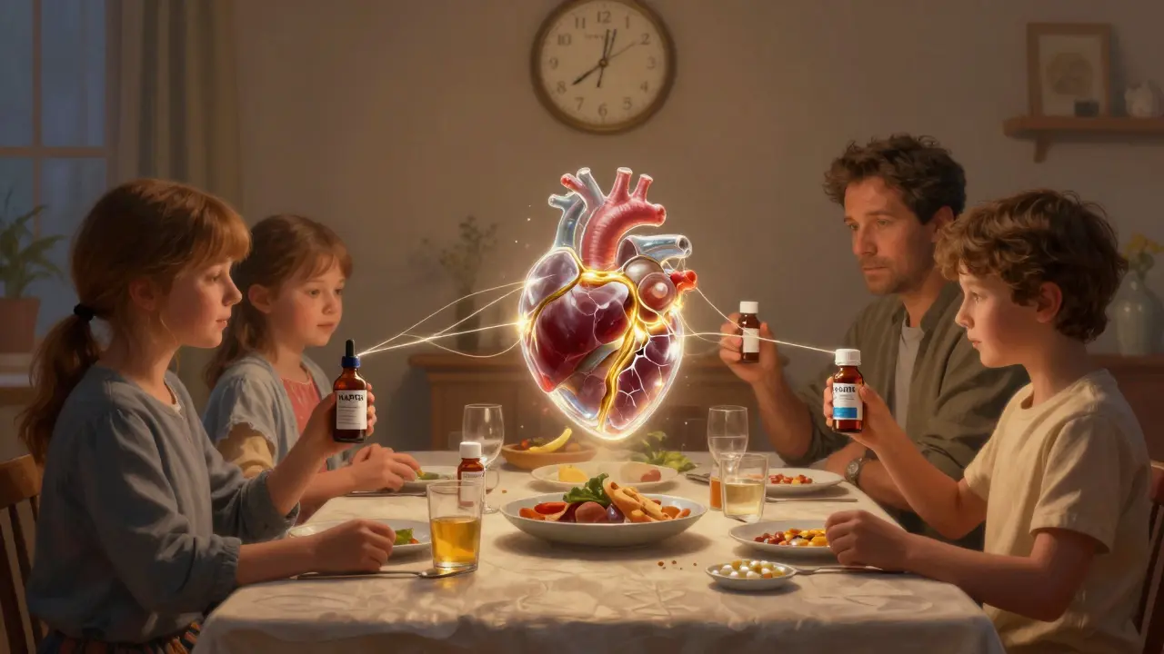 A family at dinner unknowingly connects toxic threads to a cracking glass heart representing the liver, bathed in twilight glow.