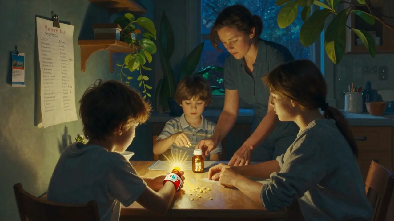 A family gathers around a table with a medical alert bracelet and written drug allergy list, bathed in soft golden light.