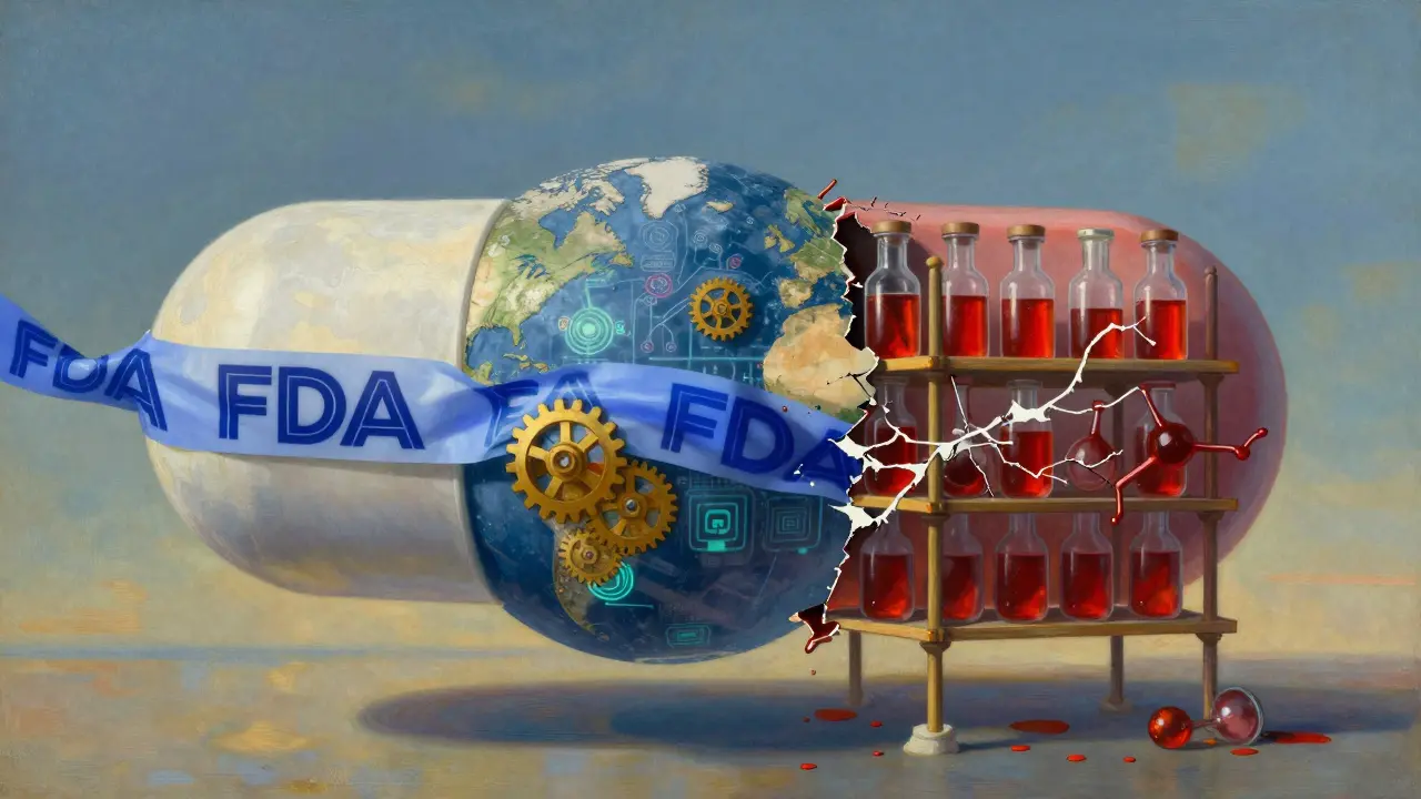 A floating medicine tablet split between compliant Indian systems and fragile Chinese supply chains, under a celestial sky.