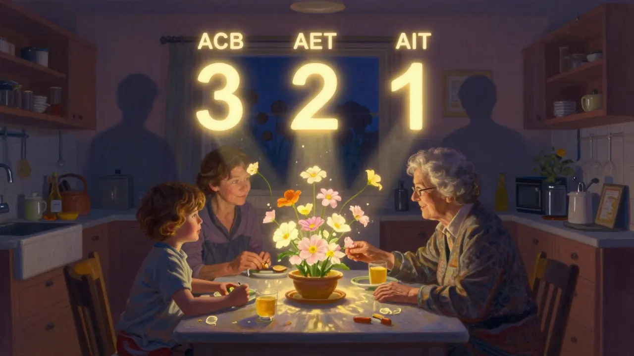 A glowing ACB score chart transforms into flowers as an elderly woman smiles with her grandchild, shadows of drugs fading away.