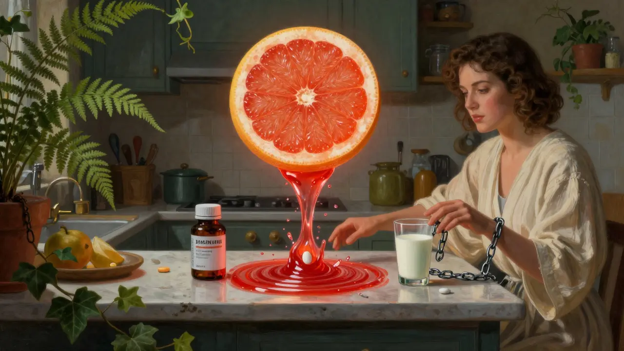 A glowing grapefruit creates a dangerous vortex around statin pills, while milk turns to chains binding thyroid medication.