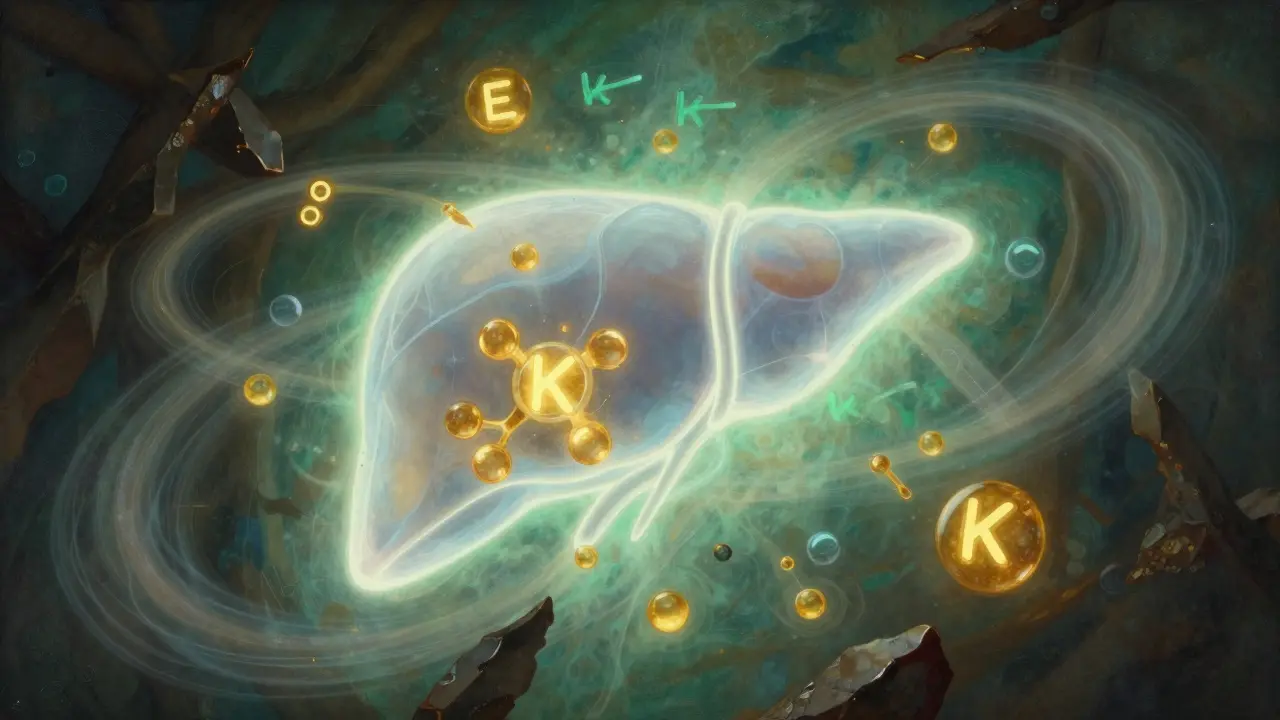 A glowing liver with vitamin K blocked by warfarin, as vitamin E subtly interferes with clotting factors.