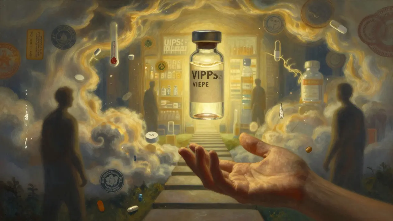 A glowing medicine vial surrounded by symbolic risks and a safe pharmacy path.