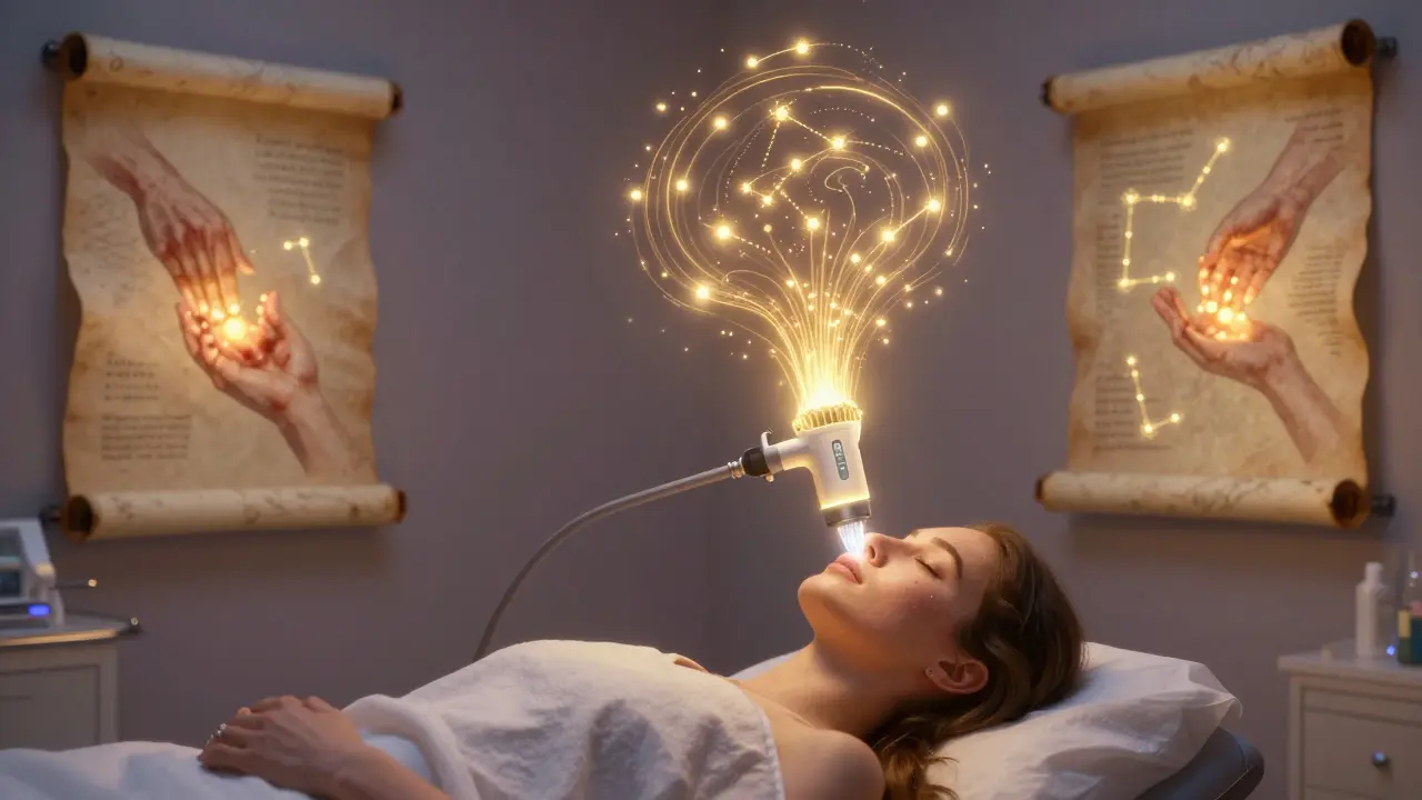 A glowing RF microneedling device hovers over a patient's face, emitting radiant energy that forms swirling collagen constellations.