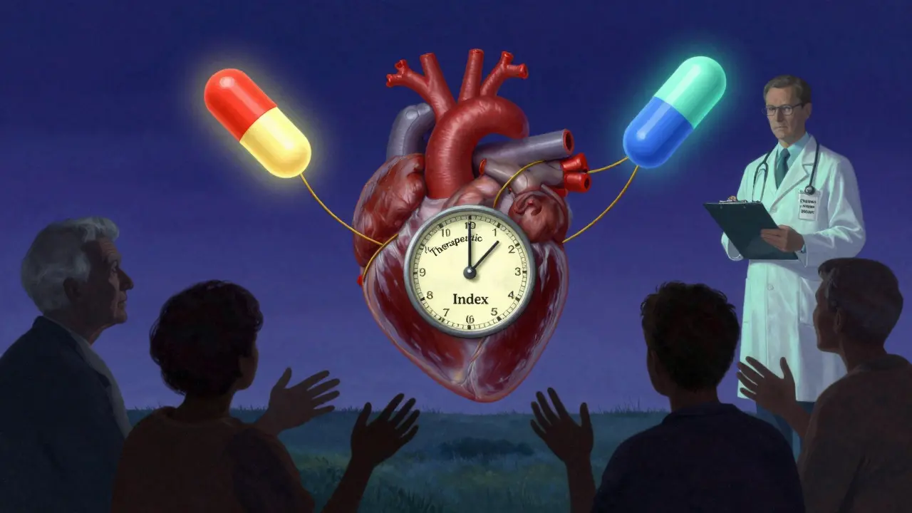 A heart surrounded by three differently shaped pills connected to a therapeutic index dial, with silhouetted patients reaching out in twilight.