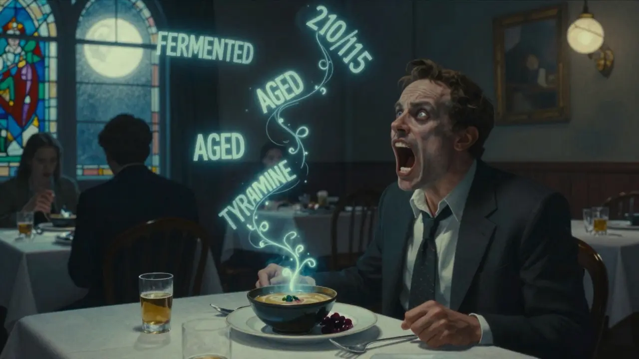 A man in a restaurant experiencing a hypertensive crisis as ghostly blood pressure numbers rise from his miso soup.