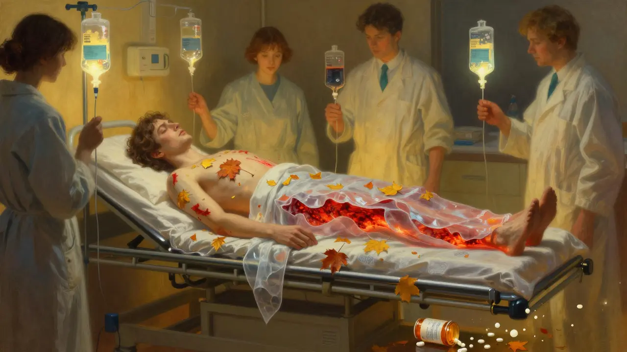 A patient's skin peels away like leaves, revealing glowing tissue, as medical staff tend to them in a luminous hospital setting.