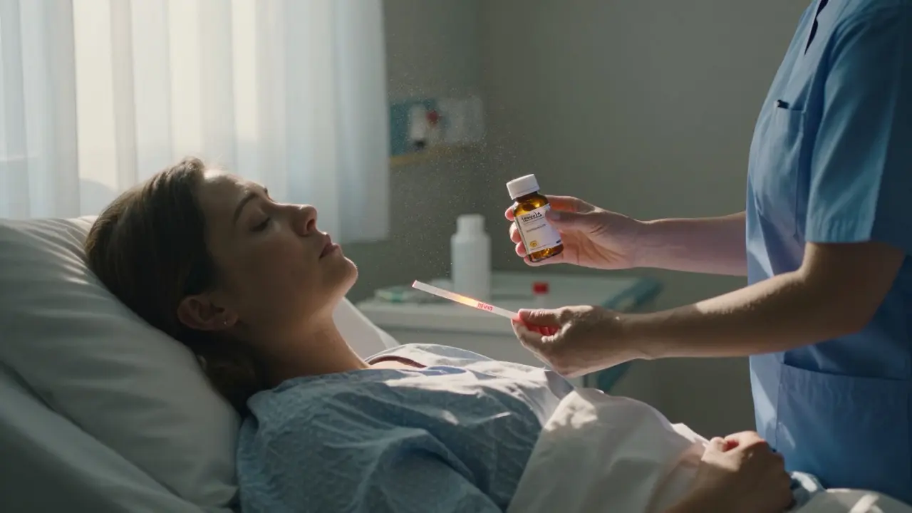 A patient in a hospital room at dawn with INR test and two vitamin E capsules, bathed in soft morning light.