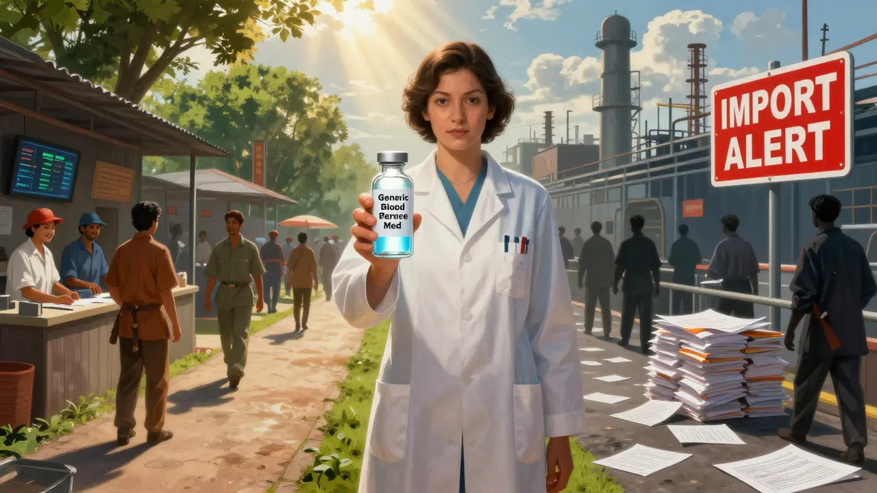 A pharmacist choosing between a safe, sunlit Indian factory and a shadowy Chinese one, with FDA inspection light guiding the way.